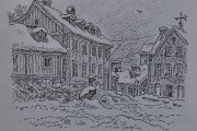 Damstredet. Alf Næsheim står litt mer til venstre når han tegner i 1987, men vi ser begge bygningene på Damplassen