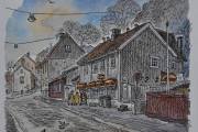 Fredensborgveien 44. Her tegner Alf Næsheim huset i 1991 fra en annen vinkel, men huset er til og kjenne igjen