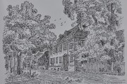 Fredensborgveien 68-70. Her møtes våre stier igjen, men Alf Næsheim har en annen vinkel der han sitter og tegner i 1988. Jeg kjenner igjen det store hvite huset og det store treet står der enda