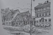 Maridalsveien 129. Alf Næsheim tegner alle de tre husene i en tegning i 1987. Jeg har tatt et bilde av huset nederst og et bilde av de to husene ovenfor