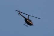 Morten 5 august 2024 - Robinson R44 over Høyenhall på kvelden, det er 20 minutter til jeg skal legge meg. Er den sort eller litt blå og har den en stripe på siden?