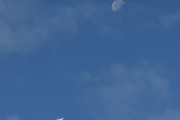Morten 12 september 2025 - Norwegian og månen over Høyenhall, klokken er 08.49 og dem er på vei til varmere strøk. Jeg husker 12 september 2023 og 12 september 2024, men da hadde jeg ikke med månen